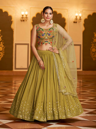 Myra Folurecent Green Gorgette Embroidered Designer Lehenga Choli - Distacart