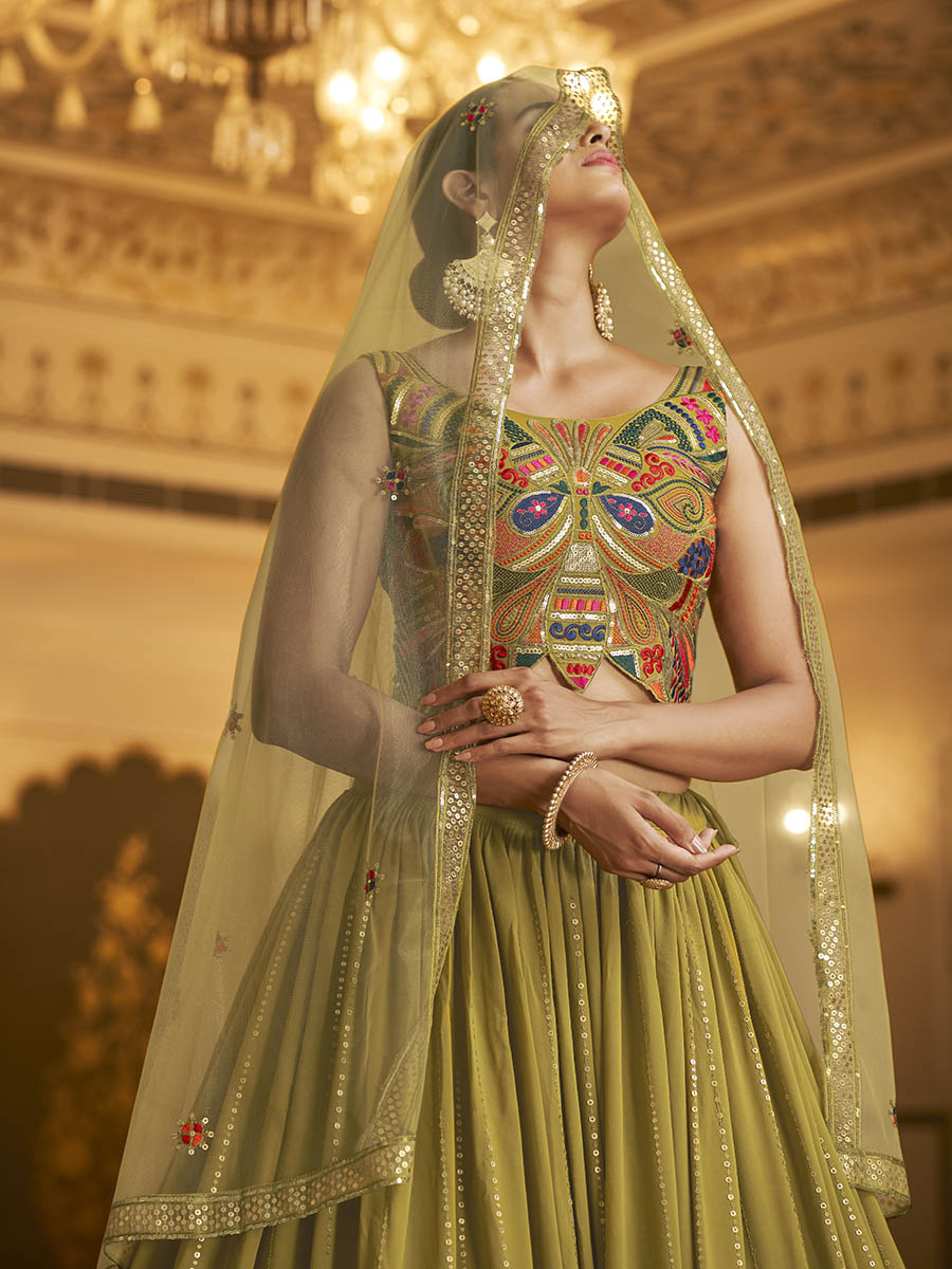 Myra Folurecent Green Gorgette Embroidered Designer Lehenga Choli - Distacart