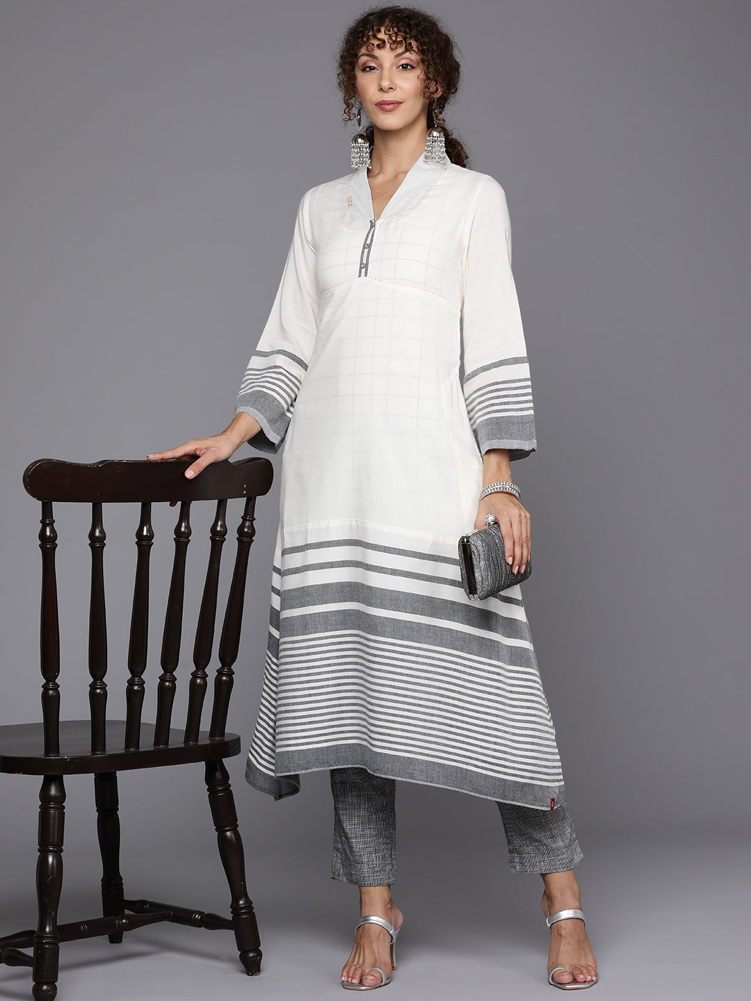 Biba Women Striped Layered Cotton Kurta with Trousers - Distacart