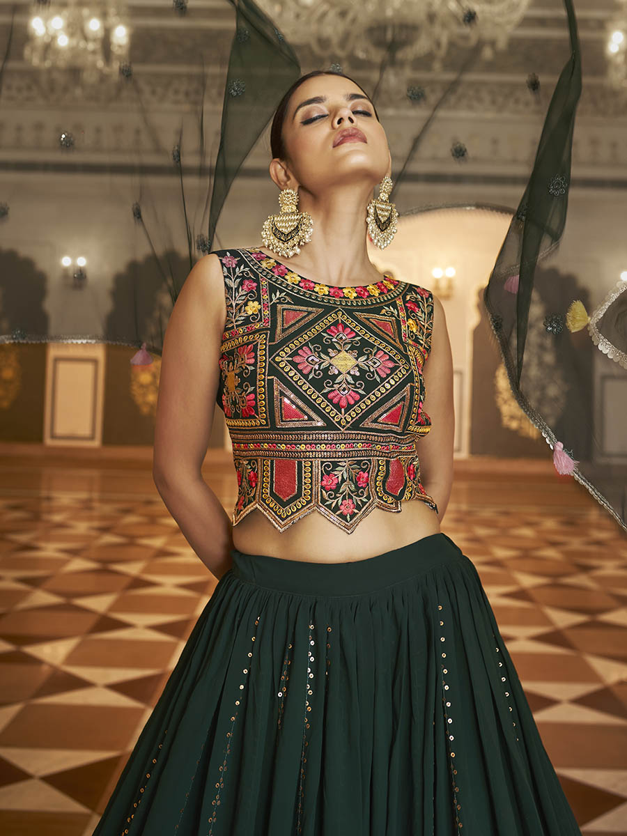 Myra Green Gorgette Embroidered Designer Lehenga Choli - Distacart