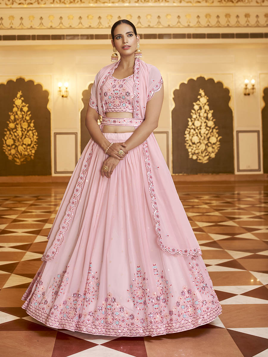 Myra Pink Gorgette Embroidered Designer Lehenga Choli - Distacart