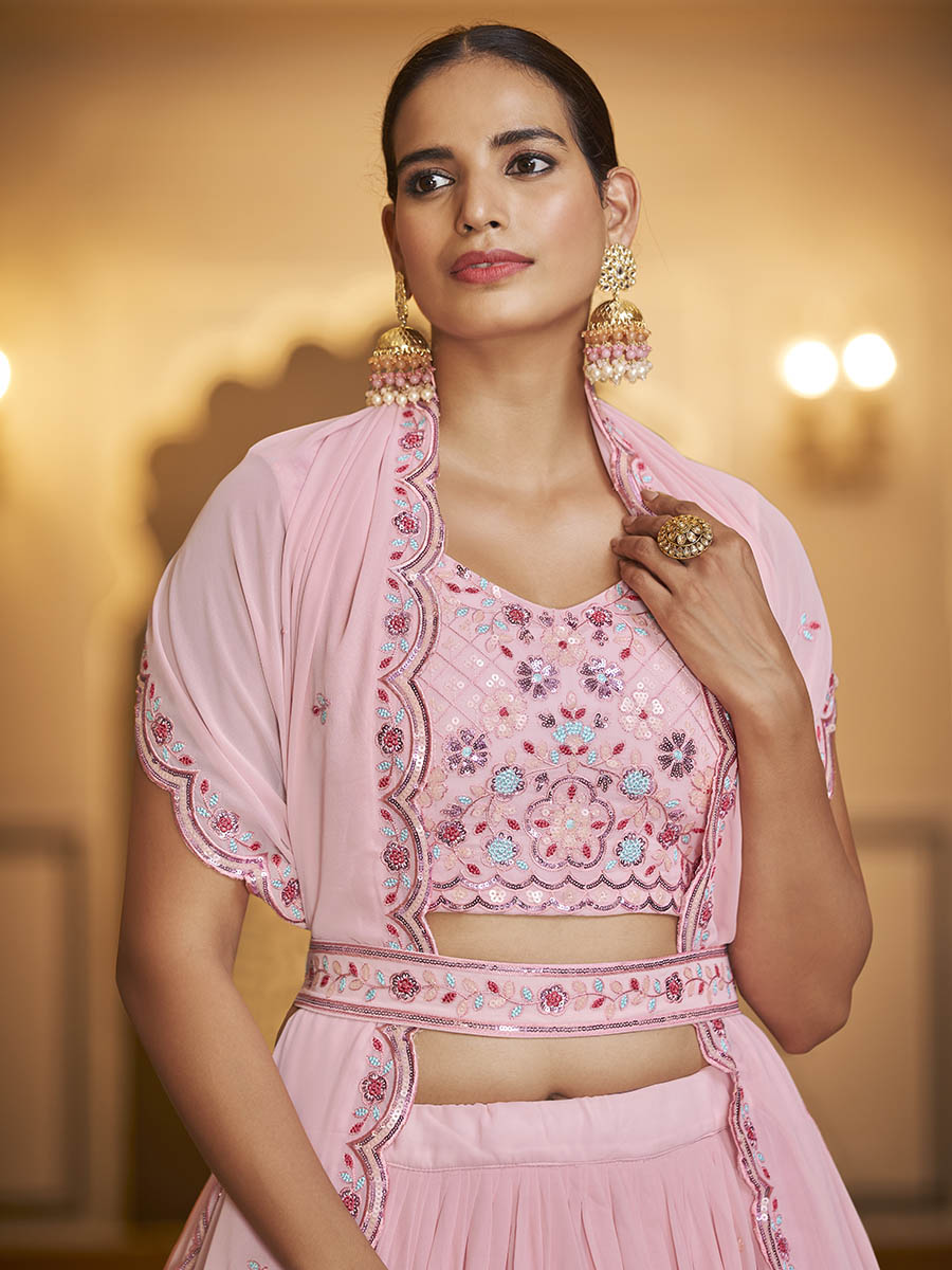 Myra Pink Gorgette Embroidered Designer Lehenga Choli - Distacart