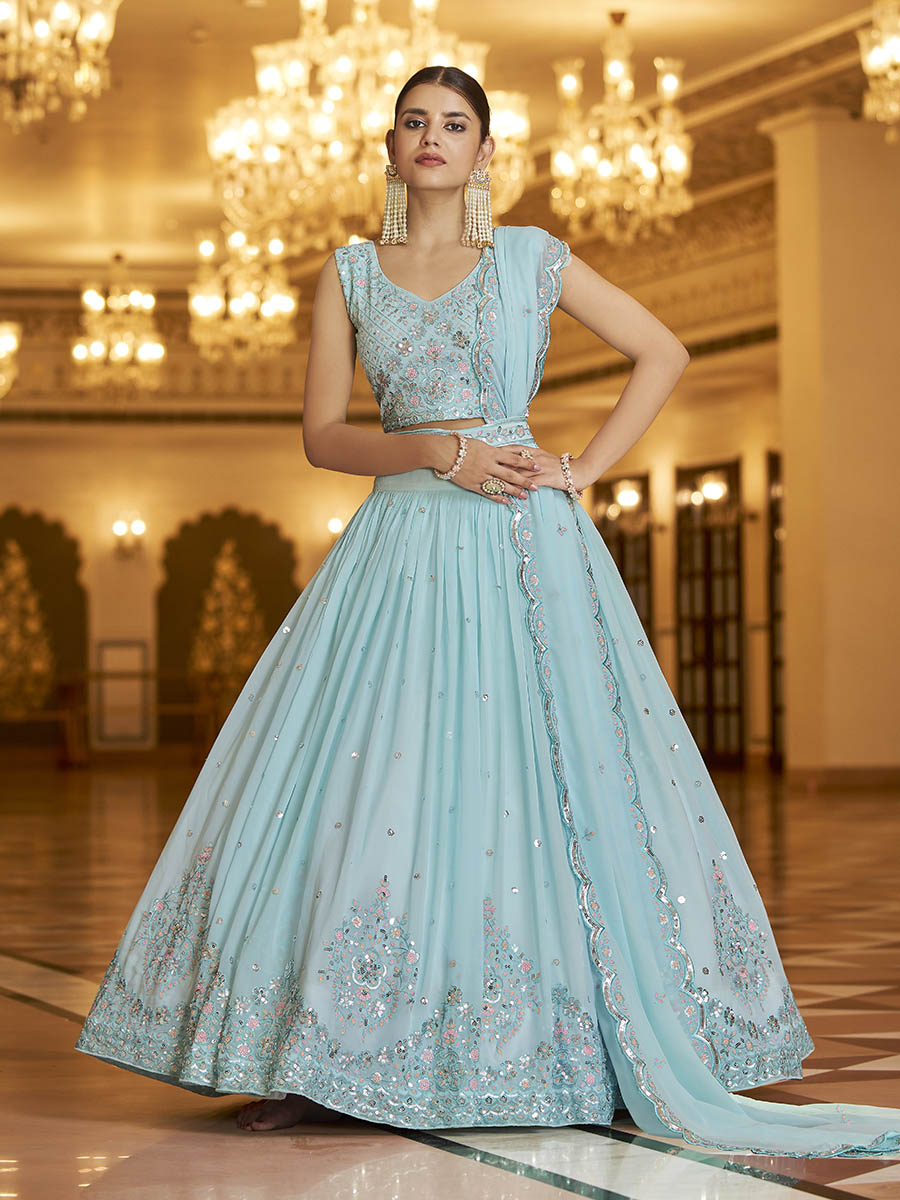 Myra Sky Gorgette Embroidered Designer Lehenga Choli - Distacart