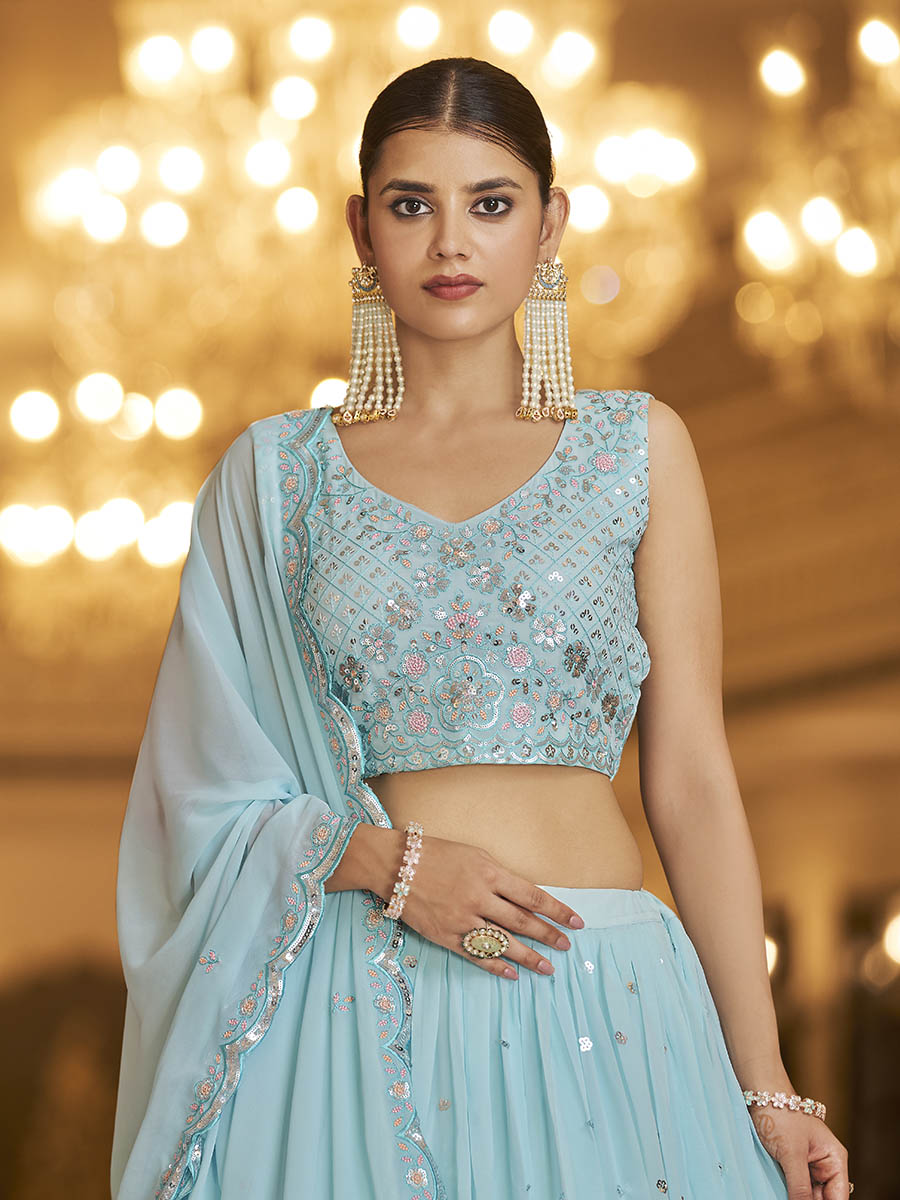Myra Sky Gorgette Embroidered Designer Lehenga Choli - Distacart