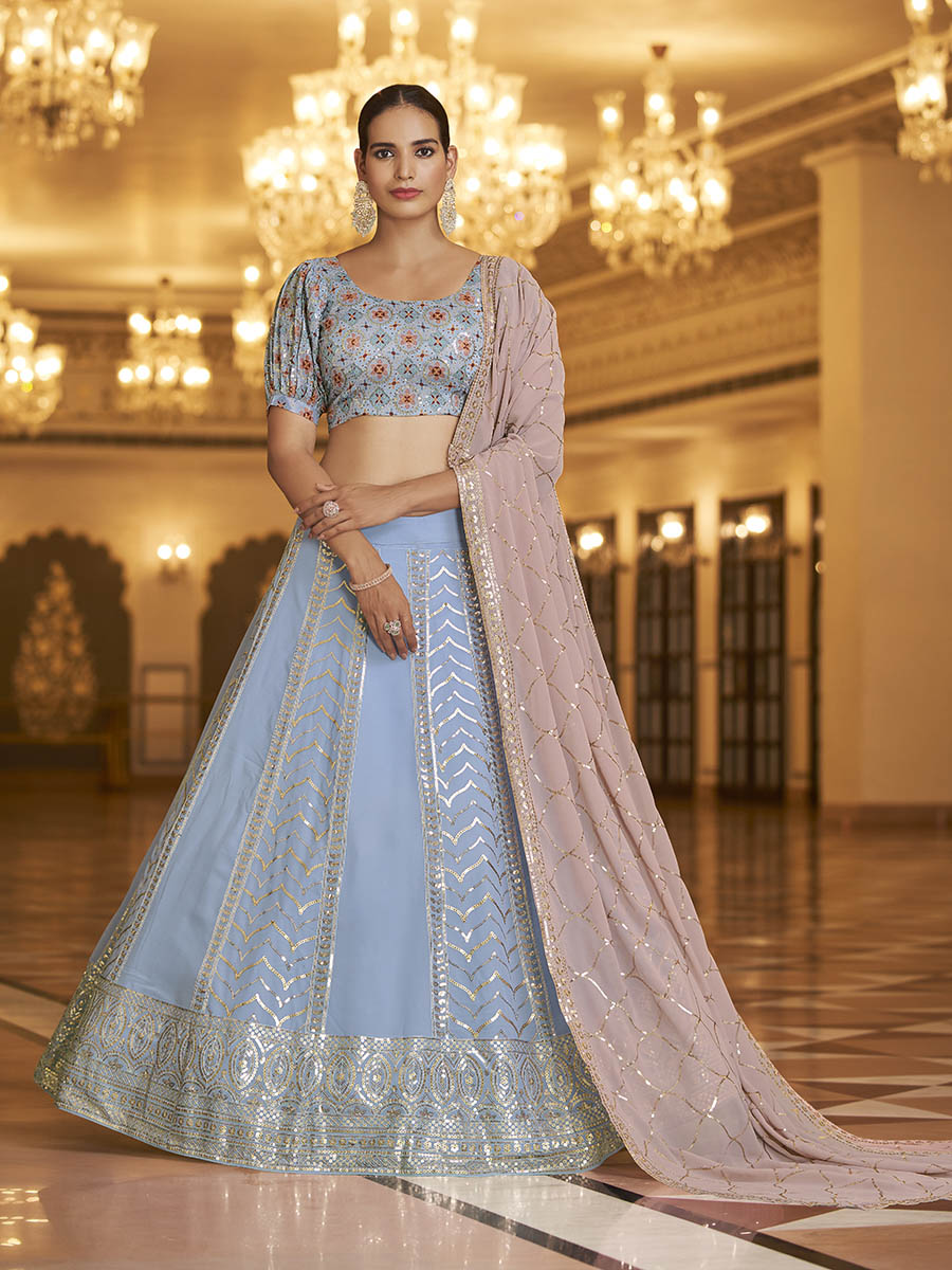 Myra Sky & Dusty Pink Gorgette Embroidered Designer Lehenga Choli - Distacart