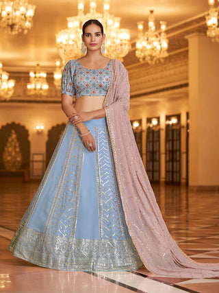 Myra Sky & Dusty Pink Gorgette Embroidered Designer Lehenga Choli - Distacart