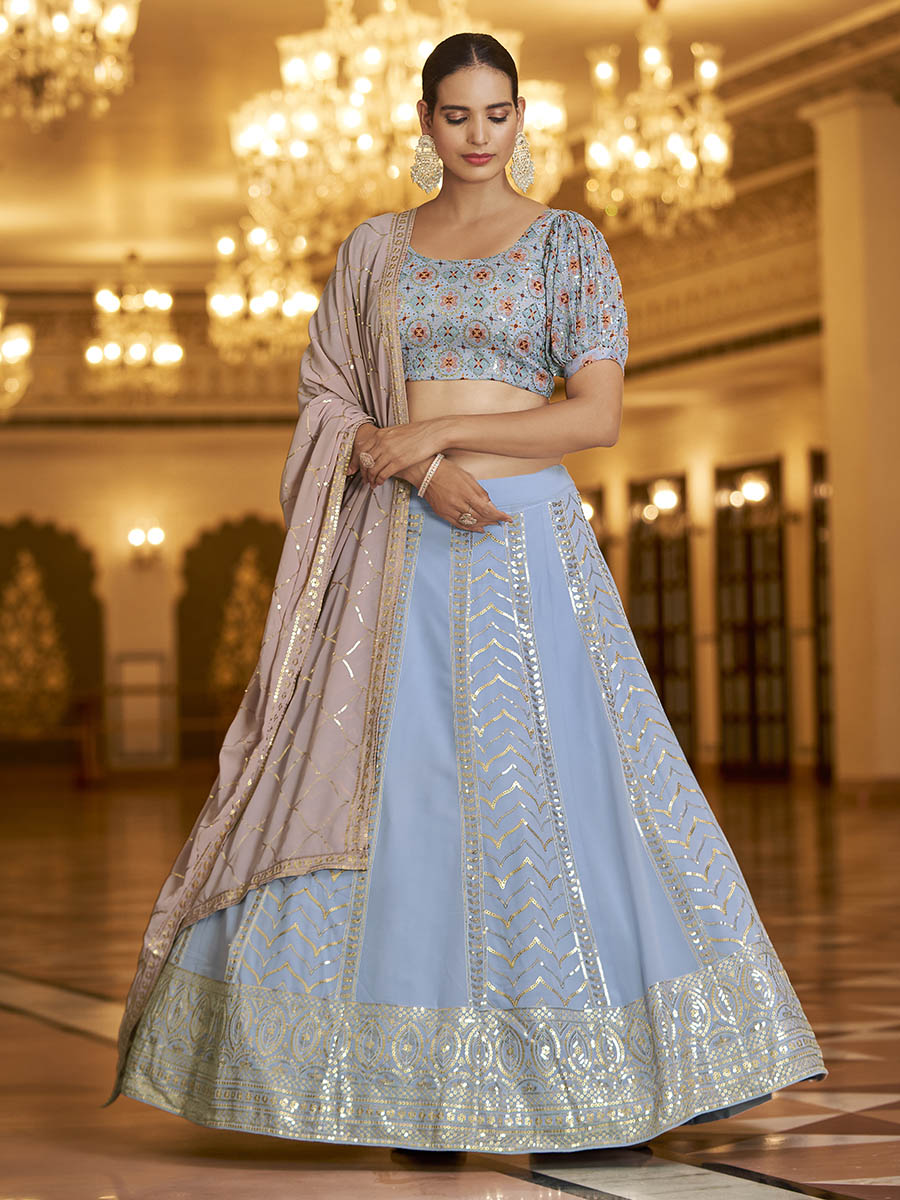 Myra Sky & Dusty Pink Gorgette Embroidered Designer Lehenga Choli - Distacart