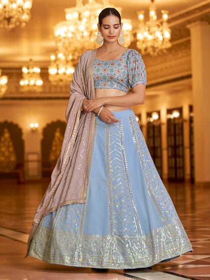 Myra Sky & Dusty Pink Gorgette Embroidered Designer Lehenga Choli - Distacart