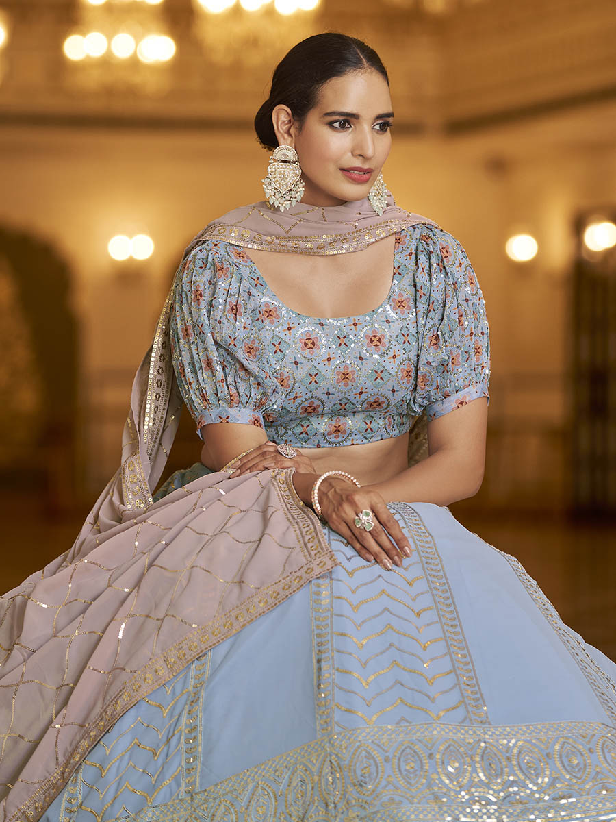 Myra Sky & Dusty Pink Gorgette Embroidered Designer Lehenga Choli - Distacart