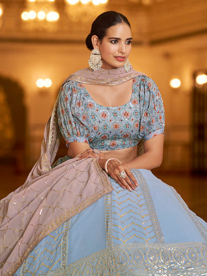 Myra Sky & Dusty Pink Gorgette Embroidered Designer Lehenga Choli - Distacart