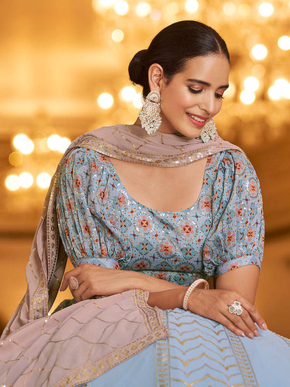 Myra Sky & Dusty Pink Gorgette Embroidered Designer Lehenga Choli - Distacart