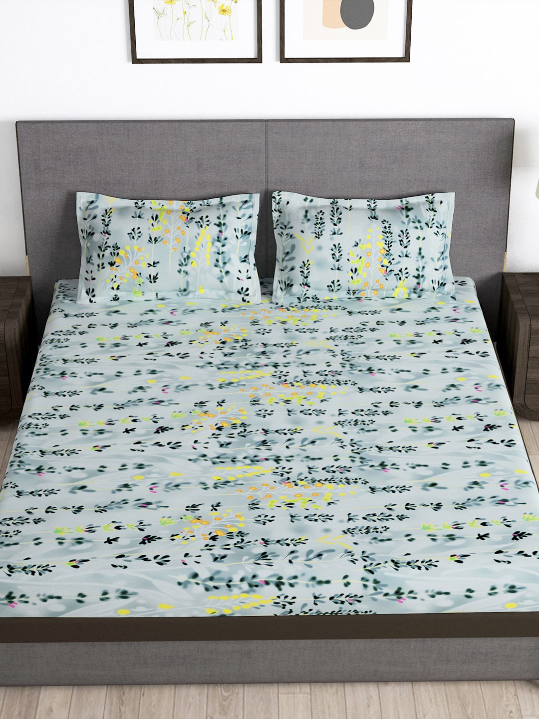 Story@home Arena Grey & Blue Floral Printed 180 TC Bedsheet & Pillow Covers - Distacart