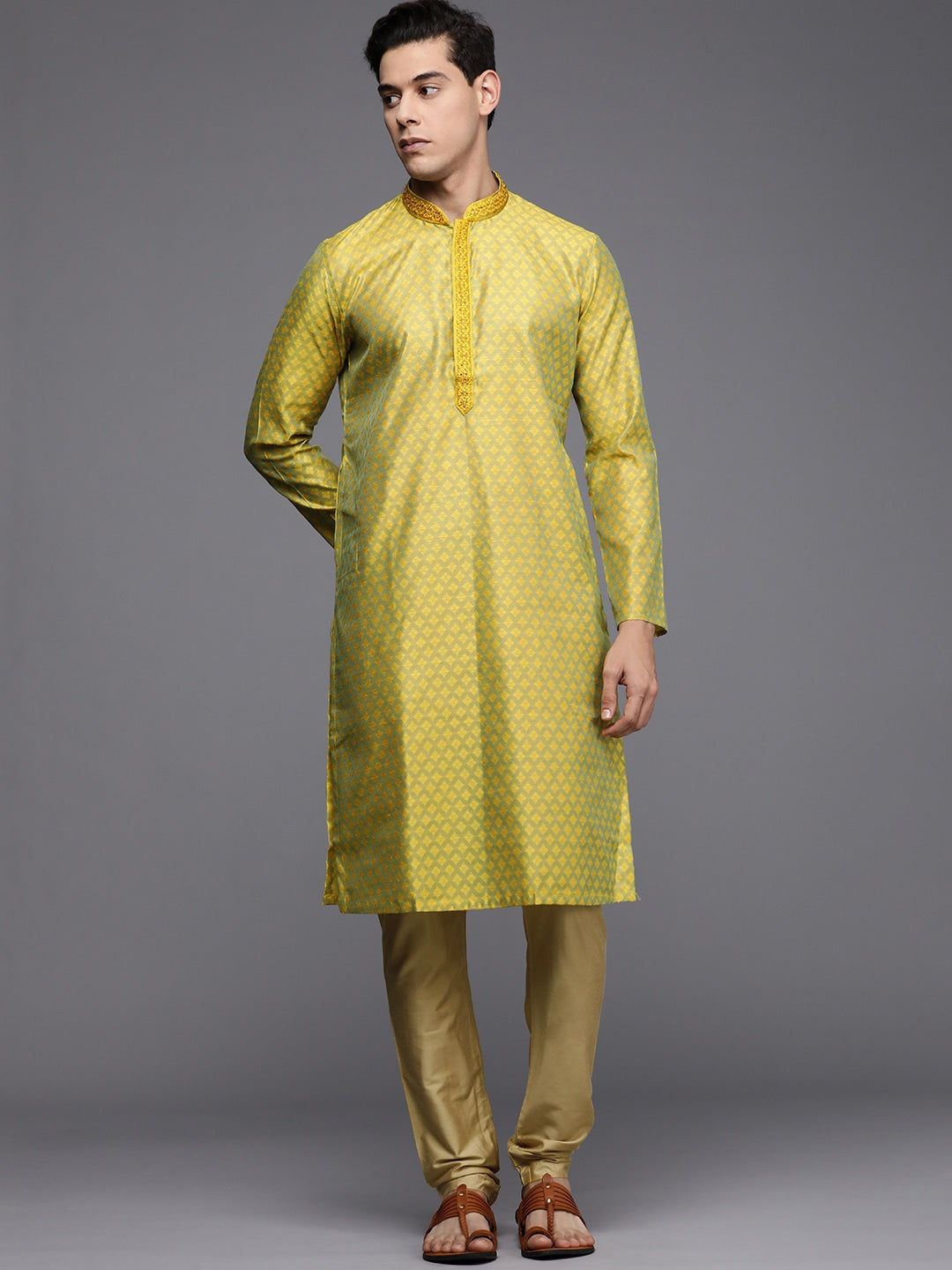 Manyavar Men Mustard Yellow Ethnic Motifs Self Design Kurta with Pyjamas - Distacart