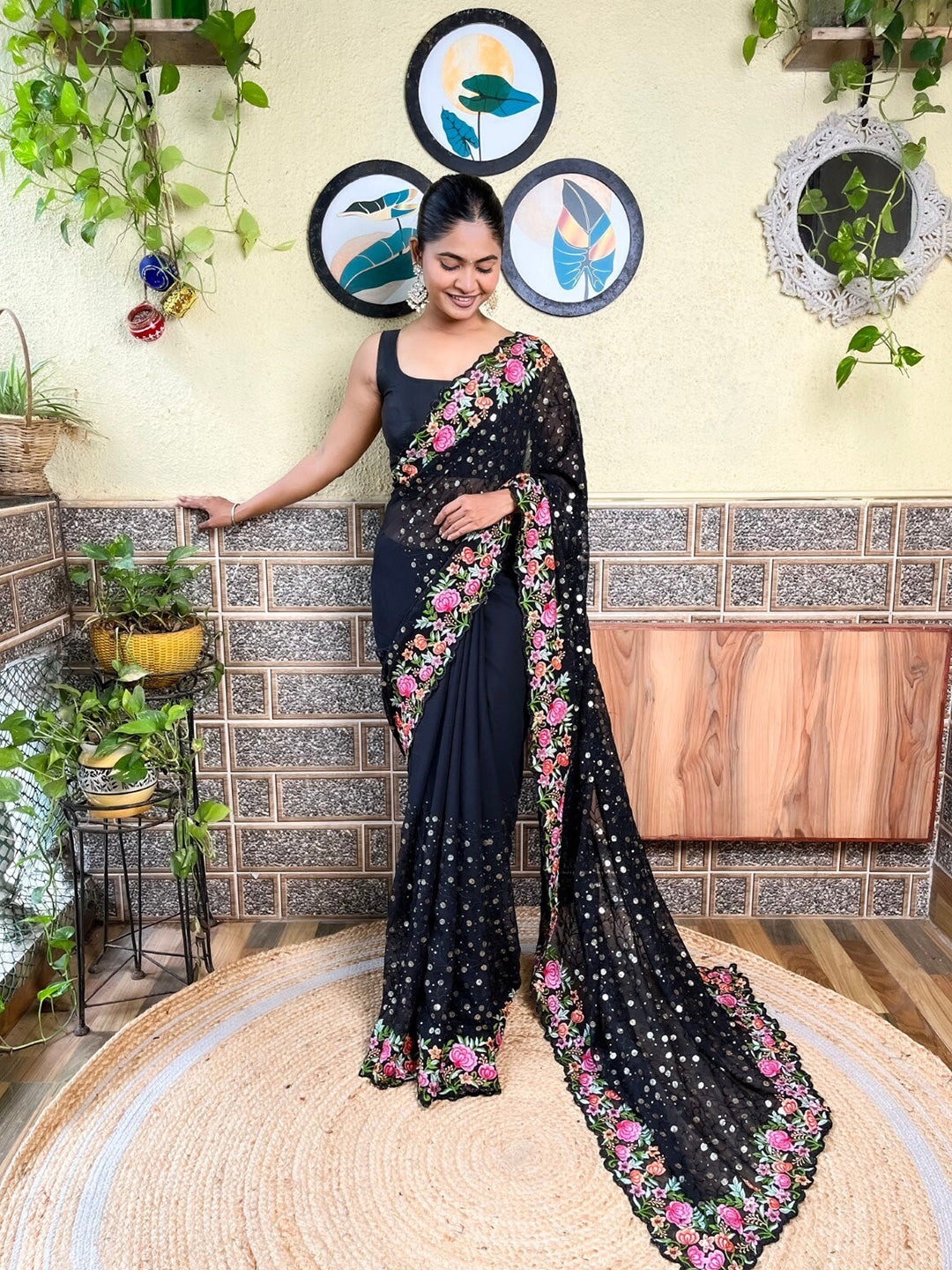 Mitera Black & Pink Floral Sequinned Saree - Distacart