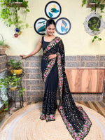 Thumbnail for Mitera Black & Pink Floral Sequinned Saree - Distacart