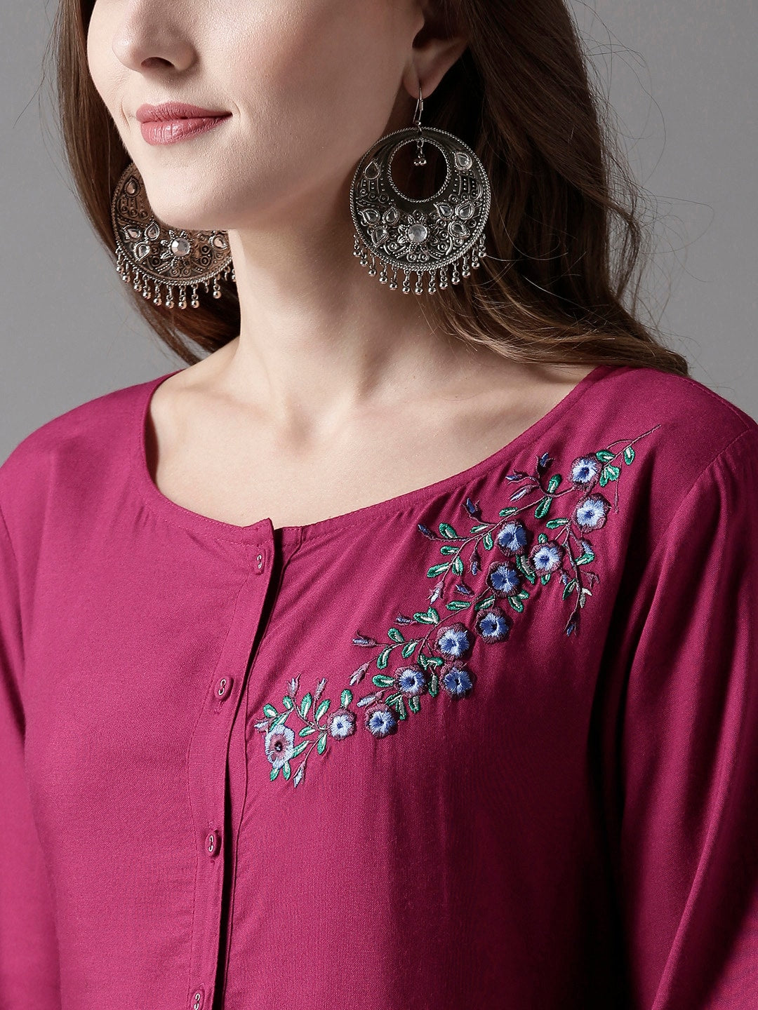 HERE&NOW Embroidered Wine Viscose Kurta - Distacart