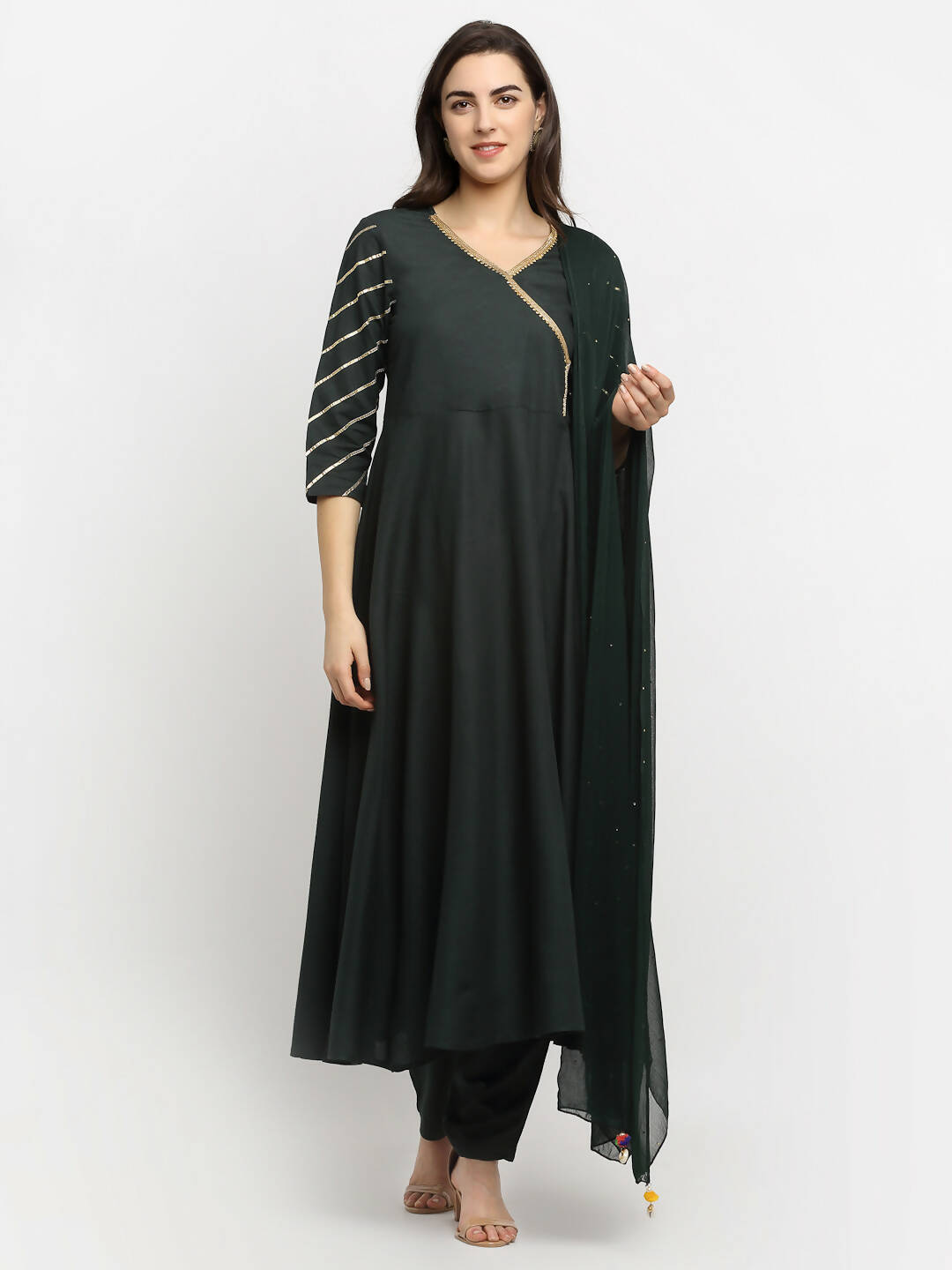 Rudra Bazaar Green Angrakha Style Flared Anarkali Kurta with Pyjamas & Dupatta - Distacart