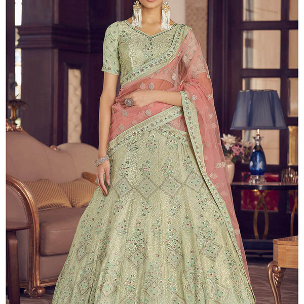 Myra Pista Green Crepe Embroidered Lehenga - Distacart