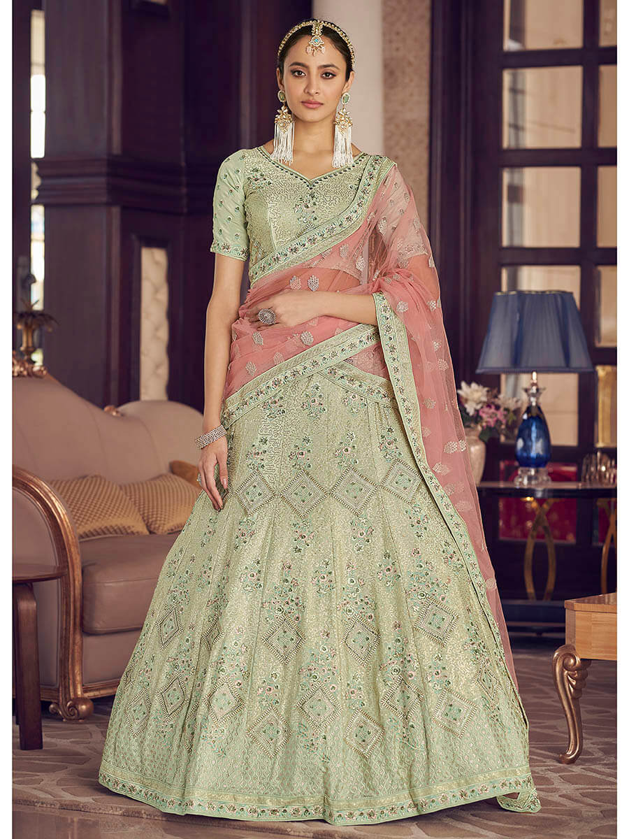 Myra Pista Green Crepe Embroidered Lehenga - Distacart