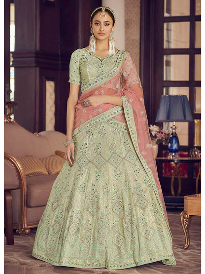 Myra Pista Green Crepe Embroidered Lehenga - Distacart