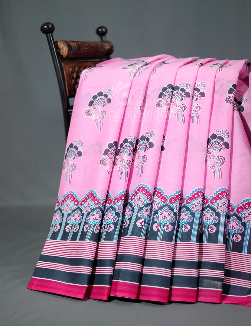 Block Print Baby Pink Combo Mulmul Cotton Saree By Gayathri Reddy Designer Studio - Distacart