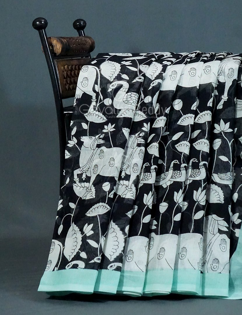 Shades of Black And Mint Green With Pichwai Print Munga Cotton Saree By Gayathri Reddy Designer Studio - Distacart