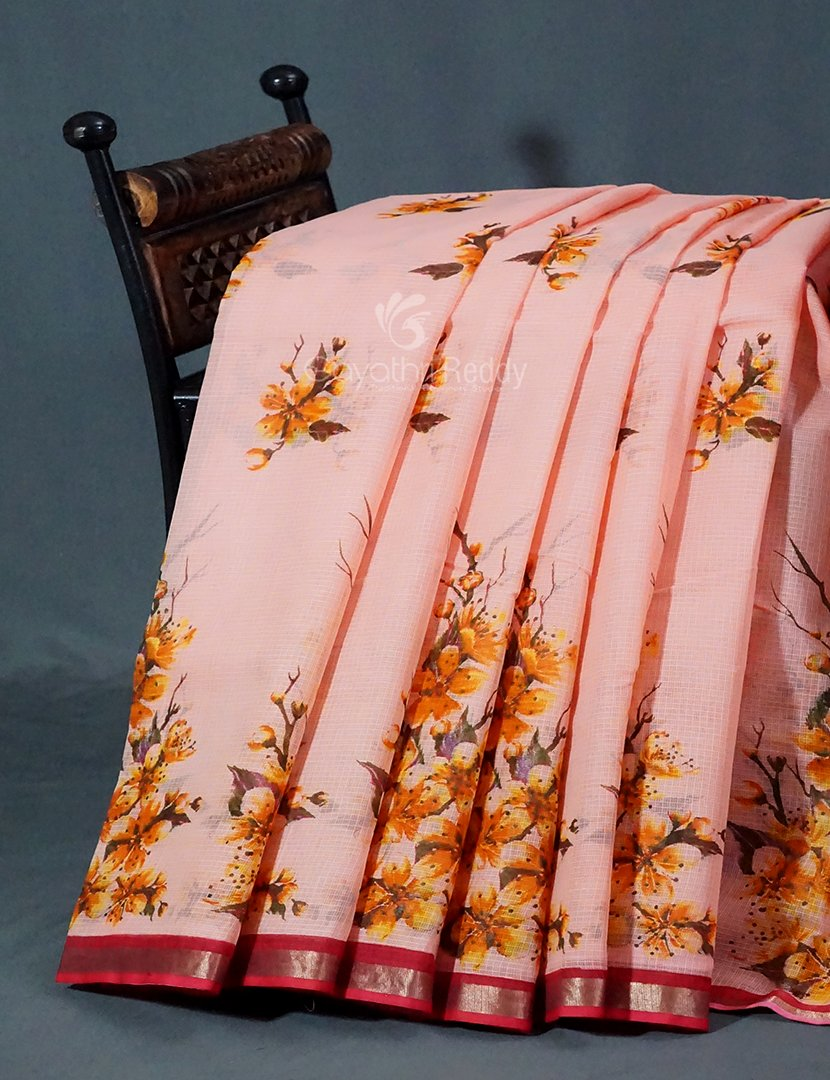Peach Colour Block Print Pure Kota Cotton Saree By Gayathri Reddy Designer Studio - Distacart