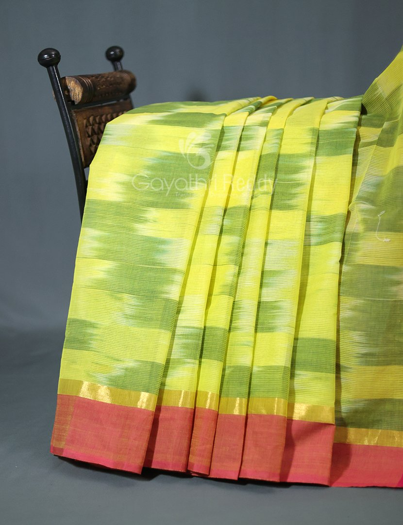 Dual Shades of Lime Green Mangalagiri Ikkat Cotton Saree By Gayathri Reddy Designer Studio - Distacart