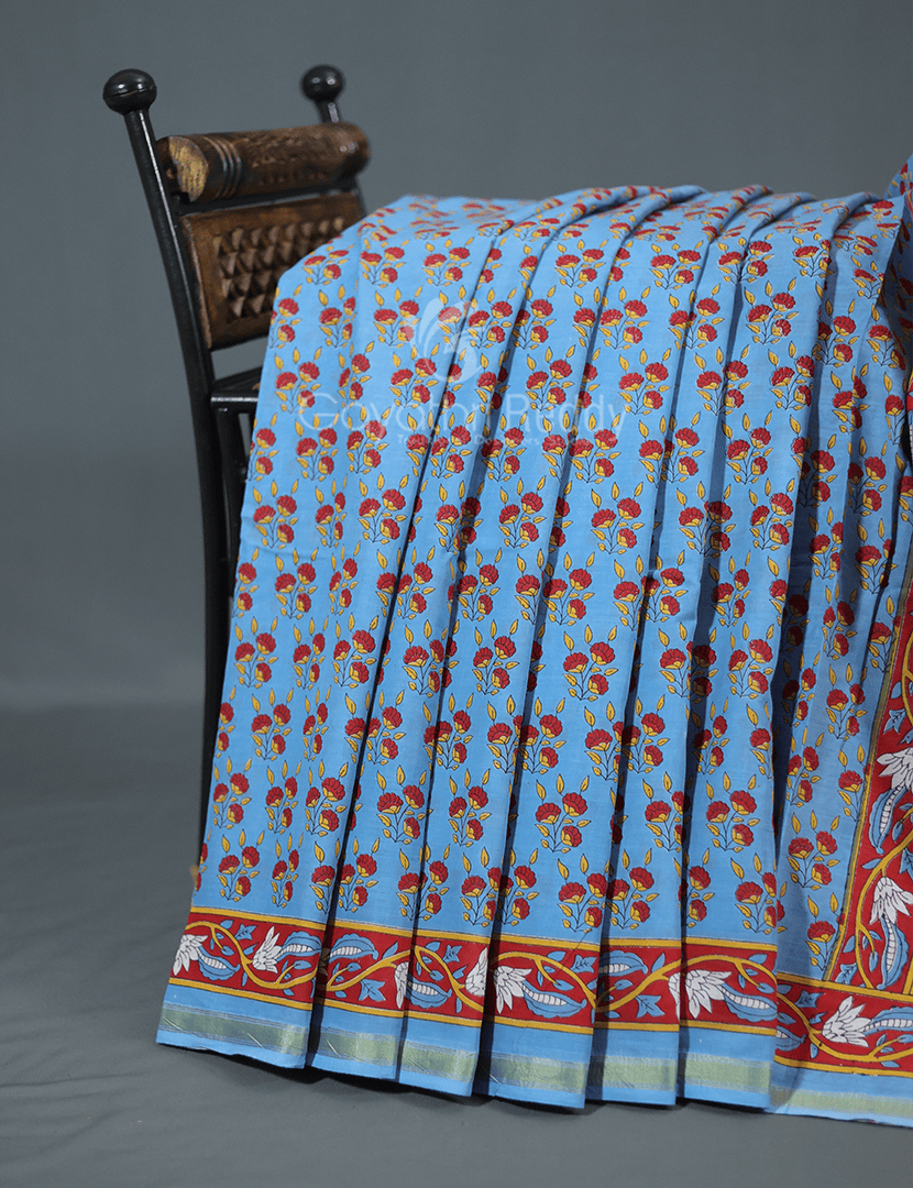 Shades of Blue Combination Printed Cotton Saree By Gayathri Reddy Designer Studio - Distacart