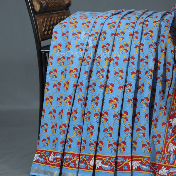 Shades of Blue Combination Printed Cotton Saree By Gayathri Reddy Designer Studio - Distacart