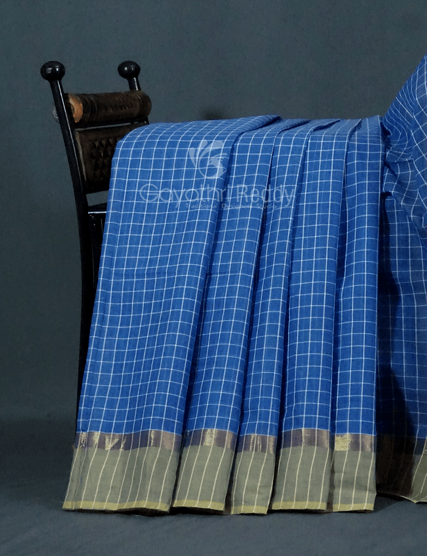 Denim Blue With Checks Pure Mangalgiri Cotton Saree By Gayathri Reddy Designer Studio - Distacart