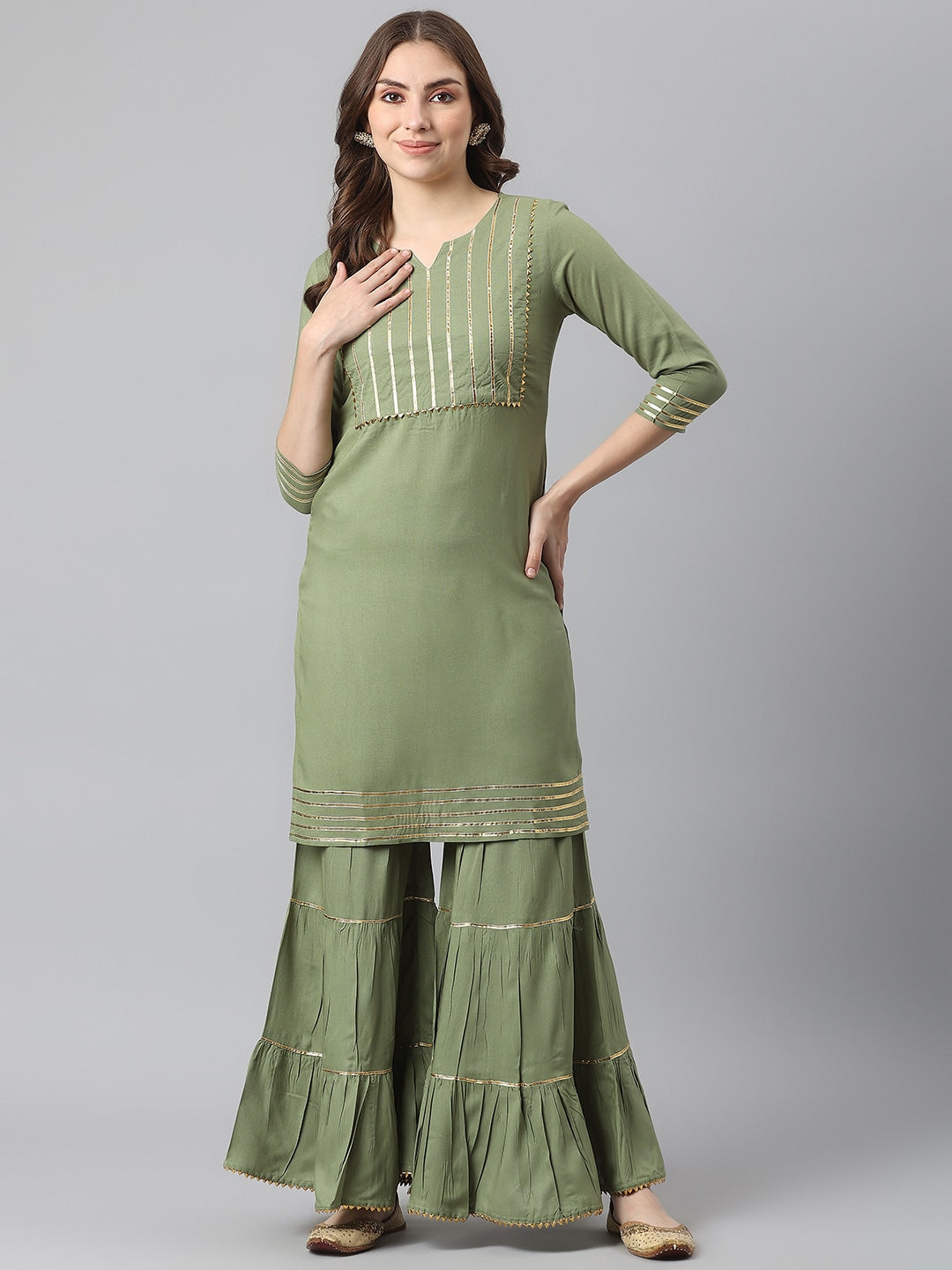 Kalini Women Green Yoke Design Gotta Patti Kurta with Sharara - Distacart