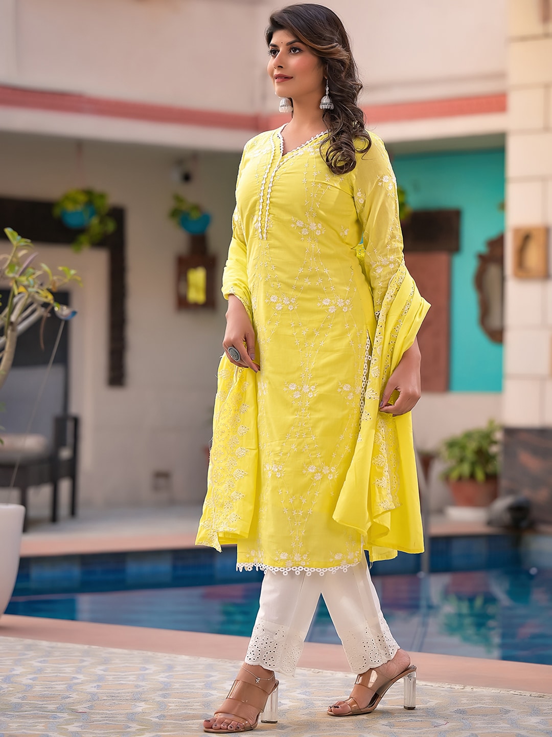 Sangria Yellow Embroidered Pure Cotton Straight Kurta With Trouser & Dupatta - Distacart