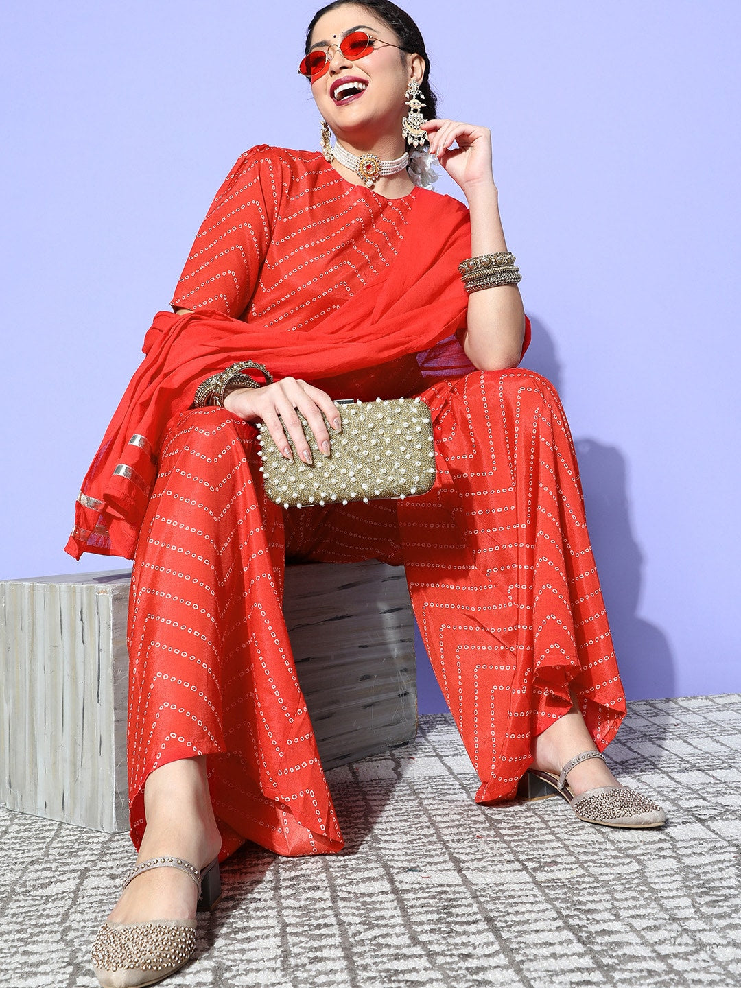 HERE&NOW Women Bandhani Polyester Fusion Bottom Kurta Set - Distacart