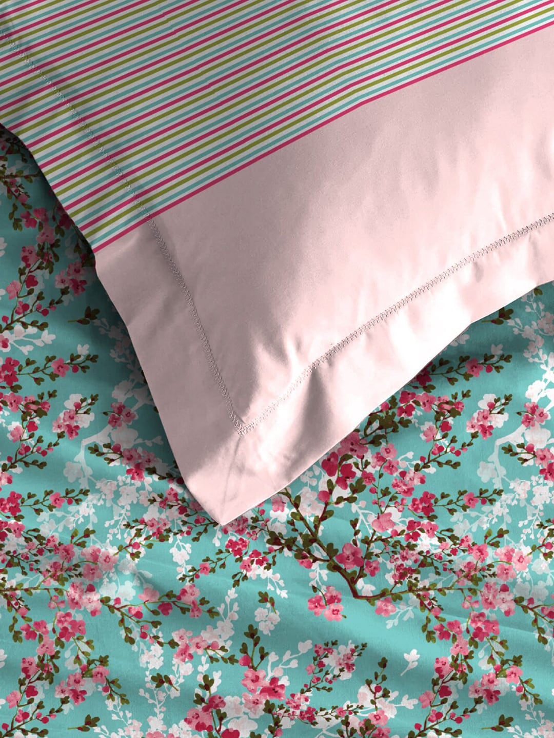 MYTRIDENT Turquoise Blue Pink Floral Pure Cotton 144 TC Queen Bedsheet 2 Pillow Covers - Distacart