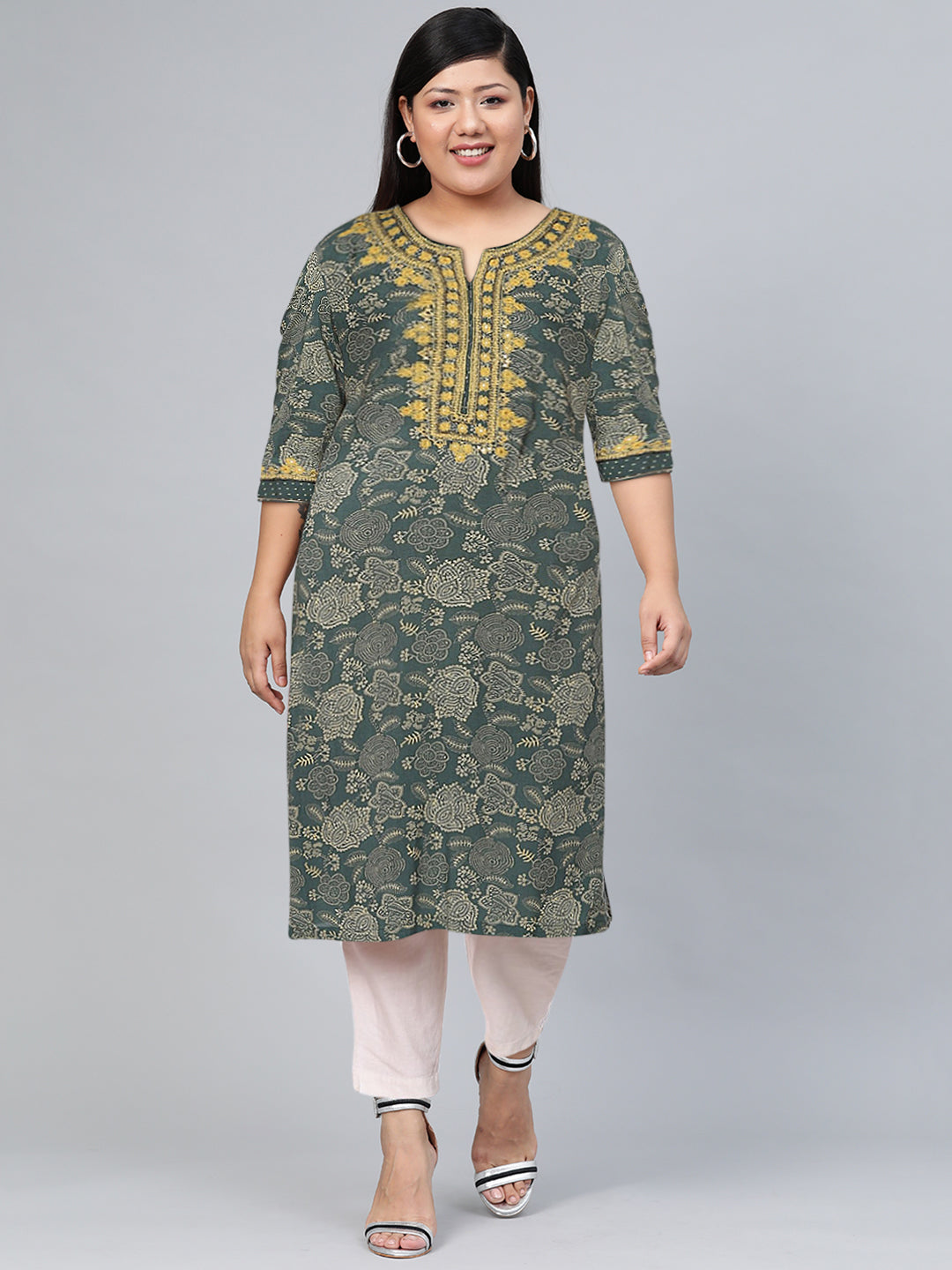 Biba Women Green Floral Embroidered Kurta - Distacart
