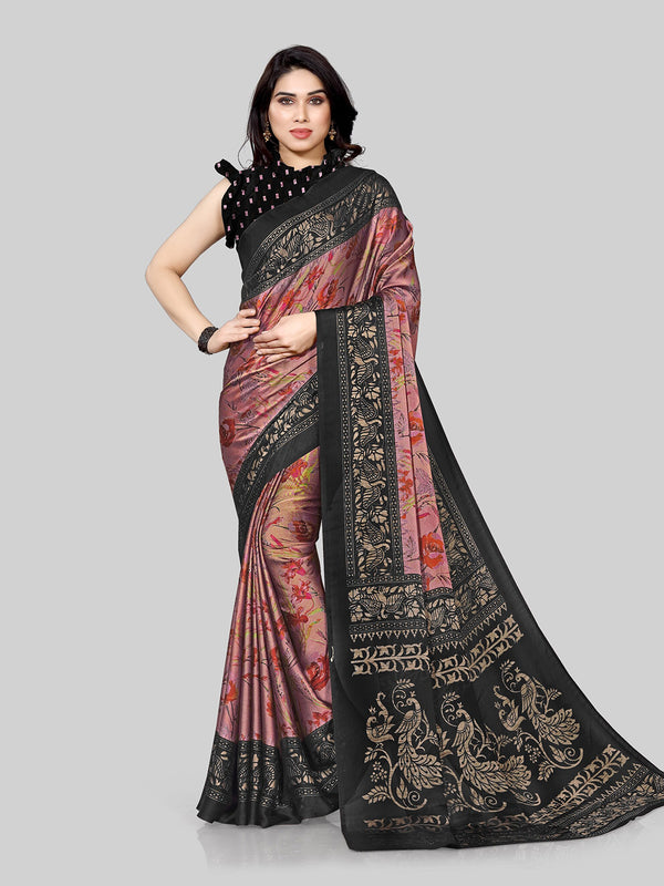 Kalini Pink & Black Floral Saree - Distacart