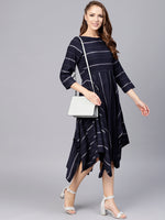 Thumbnail for Jaipur Kurti Navy Blue & Off-White Cotton Striped A-Line Women Dress - Distacart
