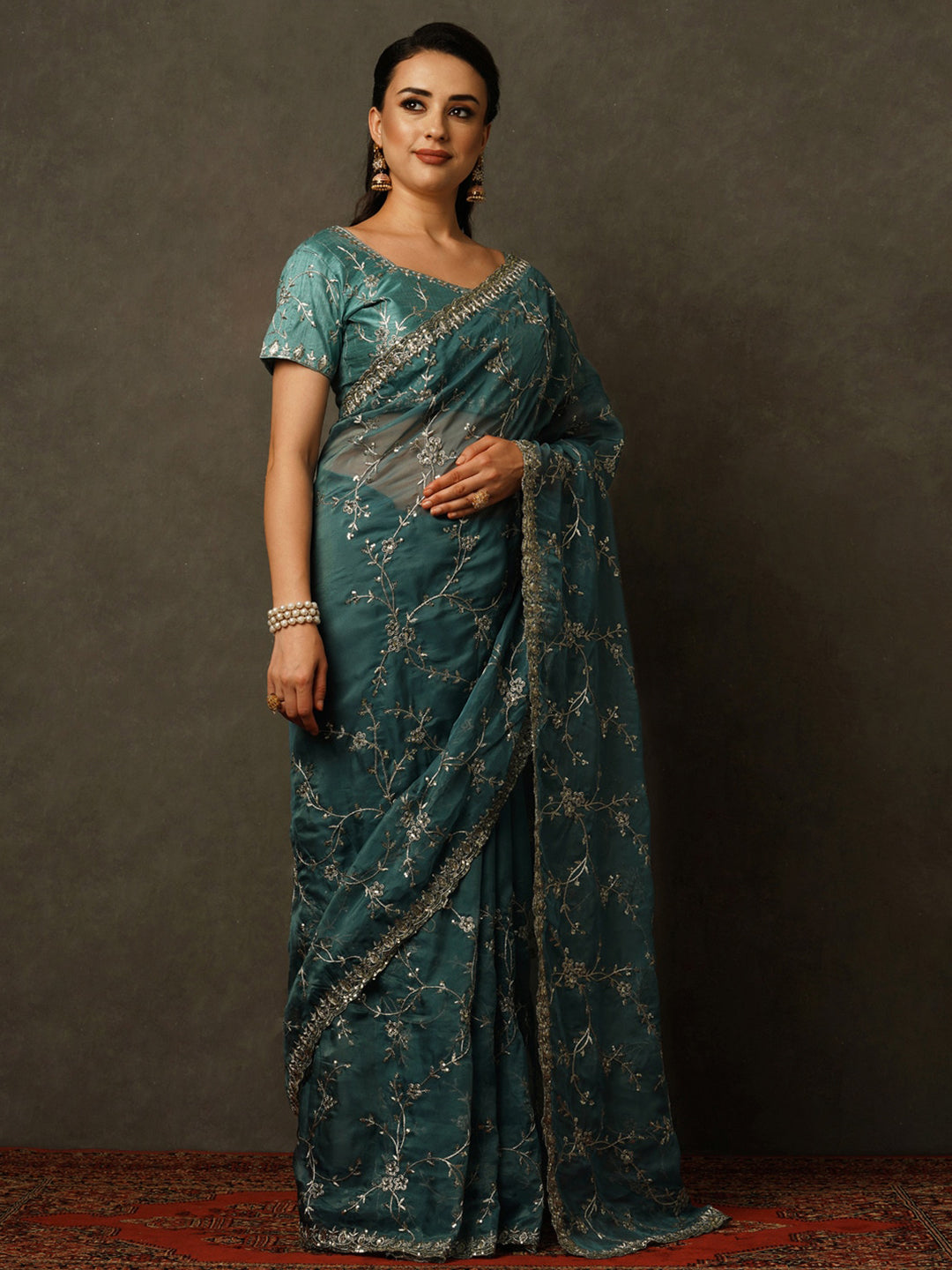 Mitera Floral Embroidered Sequinned Organza Saree - Distacart