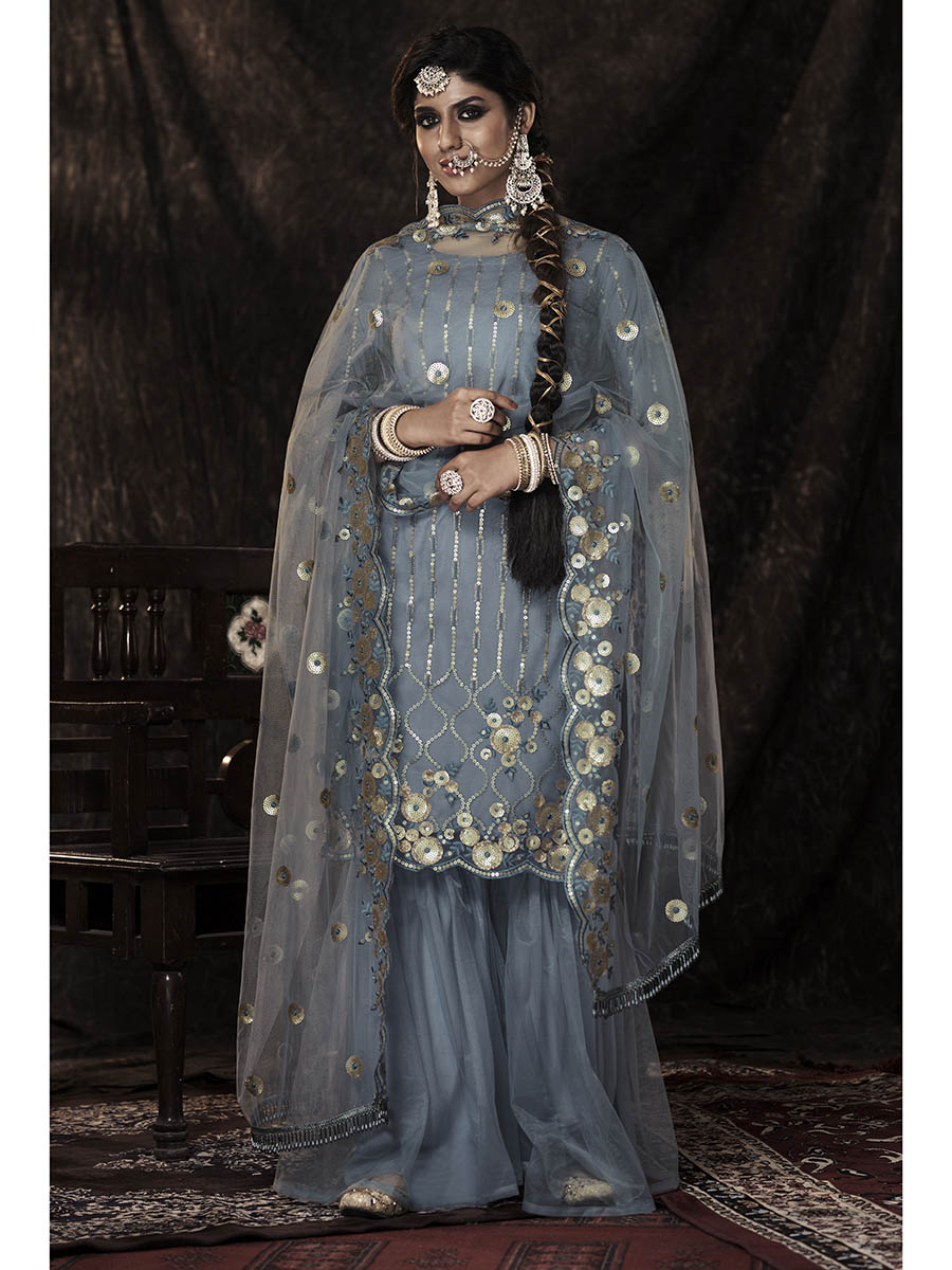 Myra Grey Net Embroidered Sharara Suit - Distacart