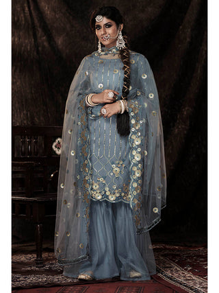 Myra Grey Net Embroidered Sharara Suit - Distacart