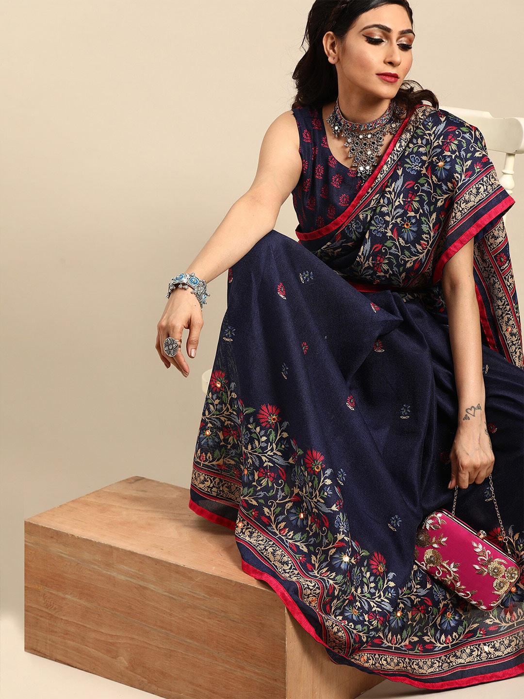 Saree Mall Navy Blue & Red Floral Jute Silk Block Print Sarees - Distacart