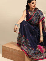 Thumbnail for Saree Mall Navy Blue & Red Floral Jute Silk Block Print Sarees - Distacart