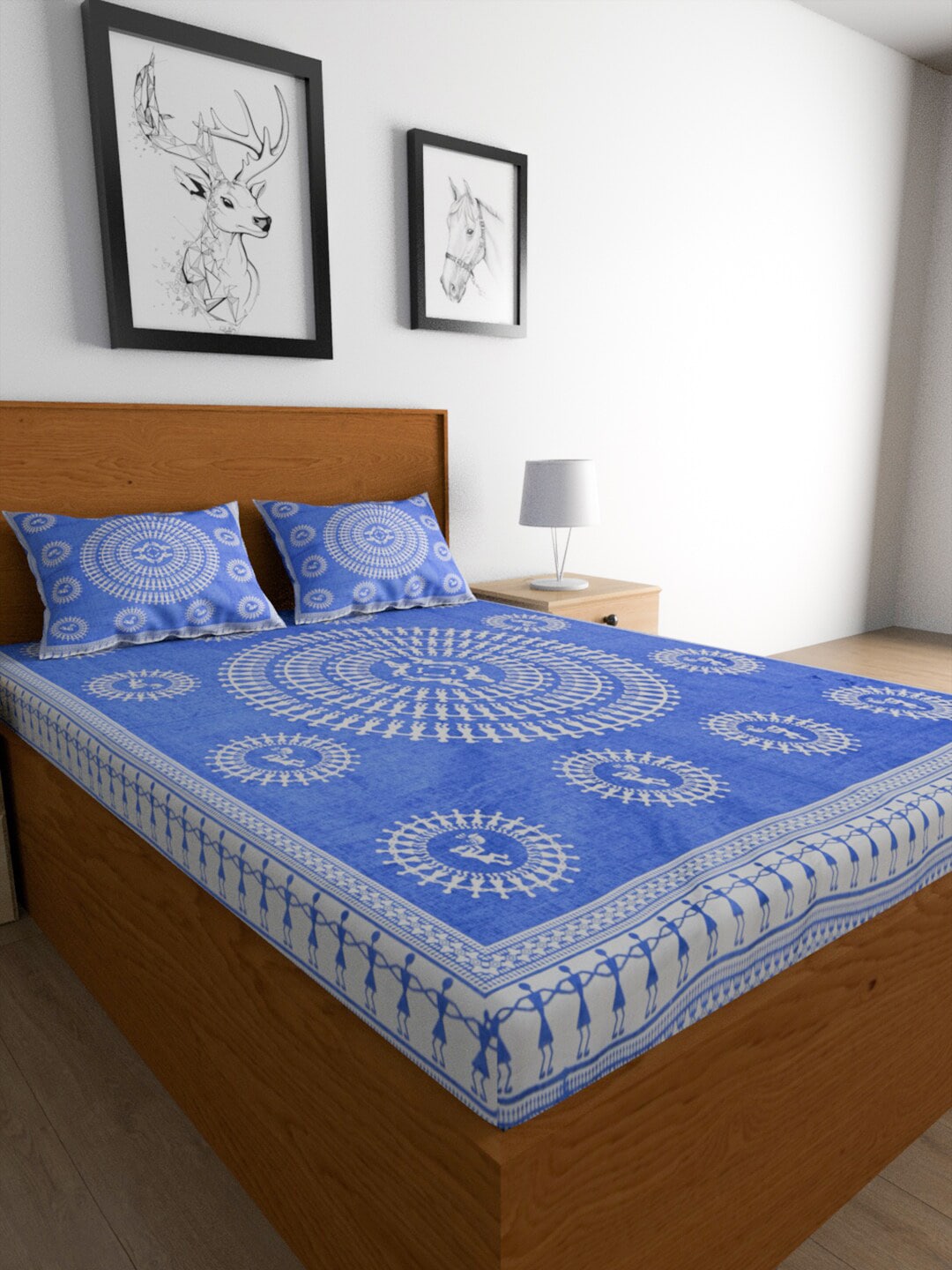 Urban Magic Blue Ethnic Motifs Printed Cotton 104 TC Queen Bedsheet With 2 Pillow Covers - Distacart