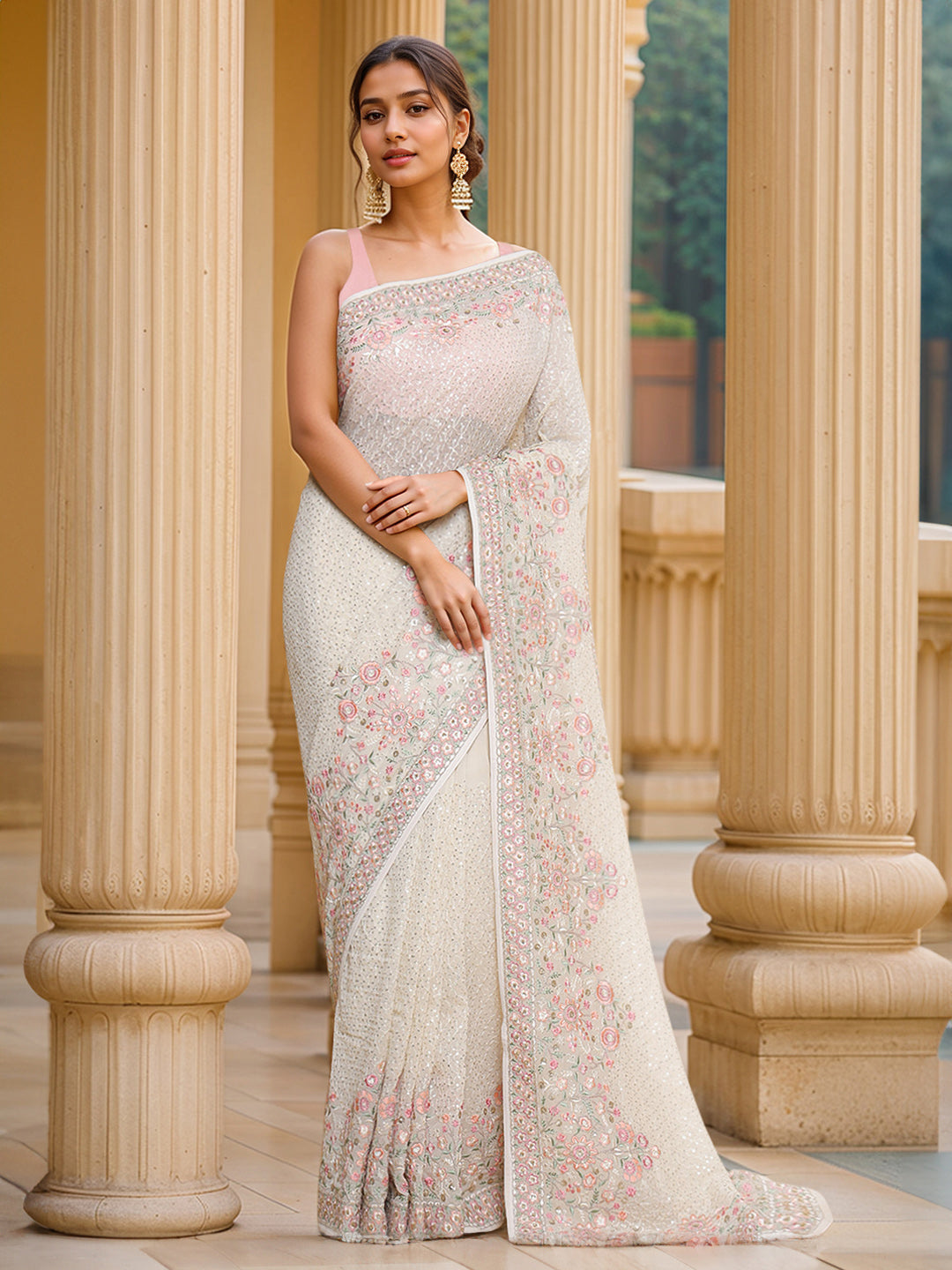 Soch Cream-Coloured & Red Floral Embroidered Pure Georgette Heavy Work Saree - Distacart