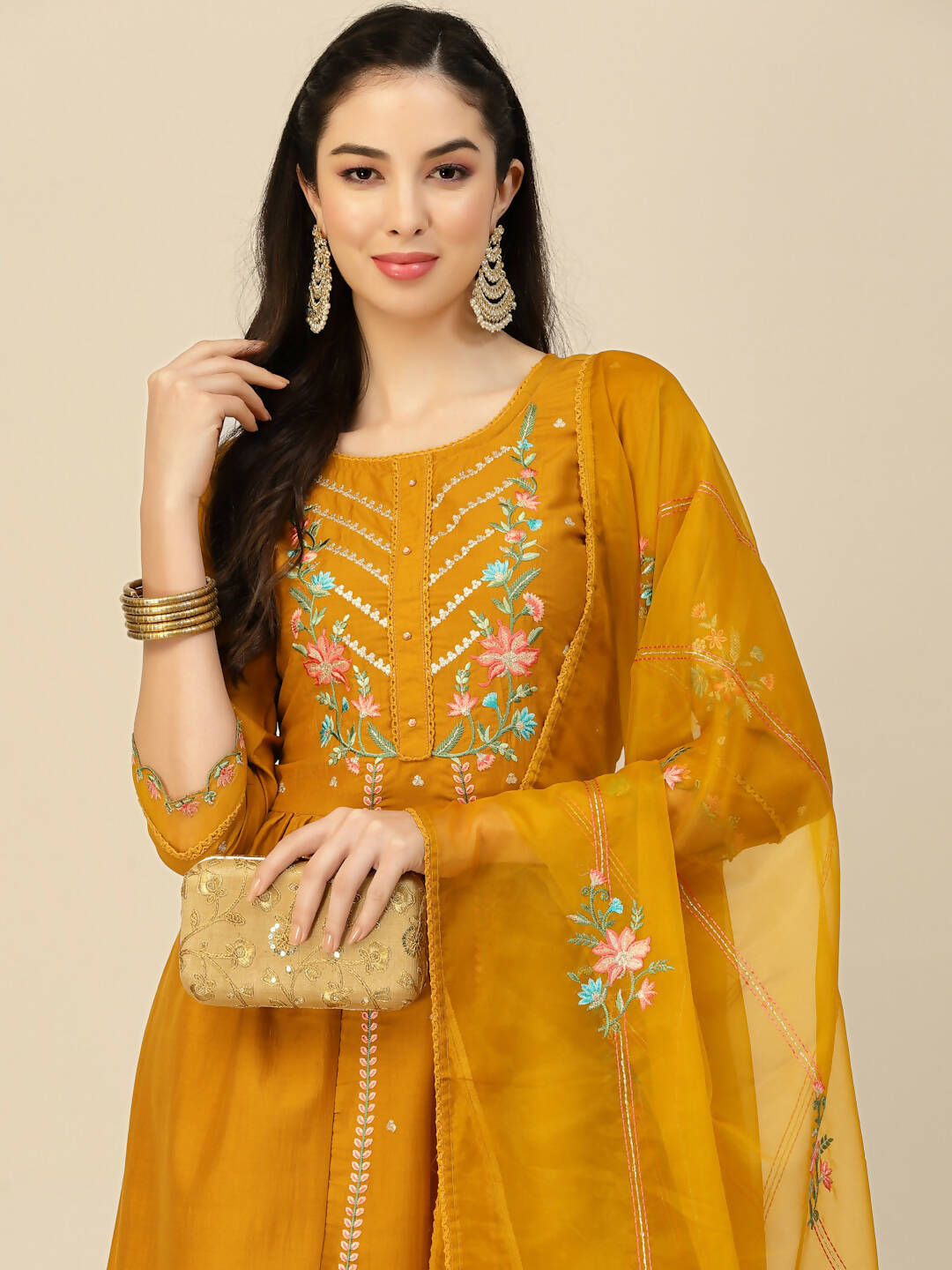 Mustard Embroidered Chinon Straight Kurta With Trouser & Dupatta - Salimar - Distacart