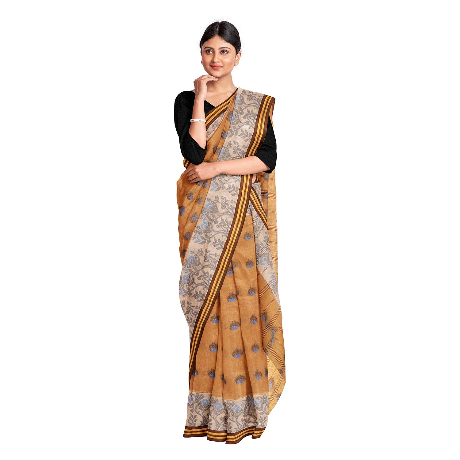 Exclusive Collection 100% Pure Cotton Biege Tant Saree With Hand Weaving Work - Distacart
