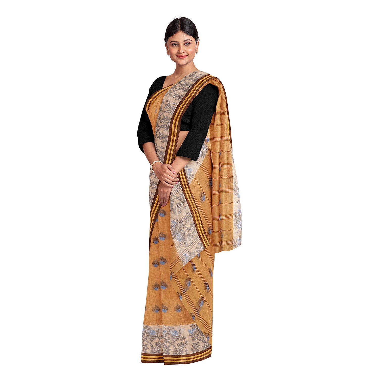 Exclusive Collection 100% Pure Cotton Biege Tant Saree With Hand Weaving Work - Distacart