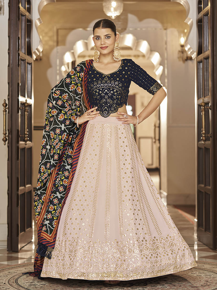 Myra Pink and Navy Blue Georgette Designer Lehenga Choli - Distacart