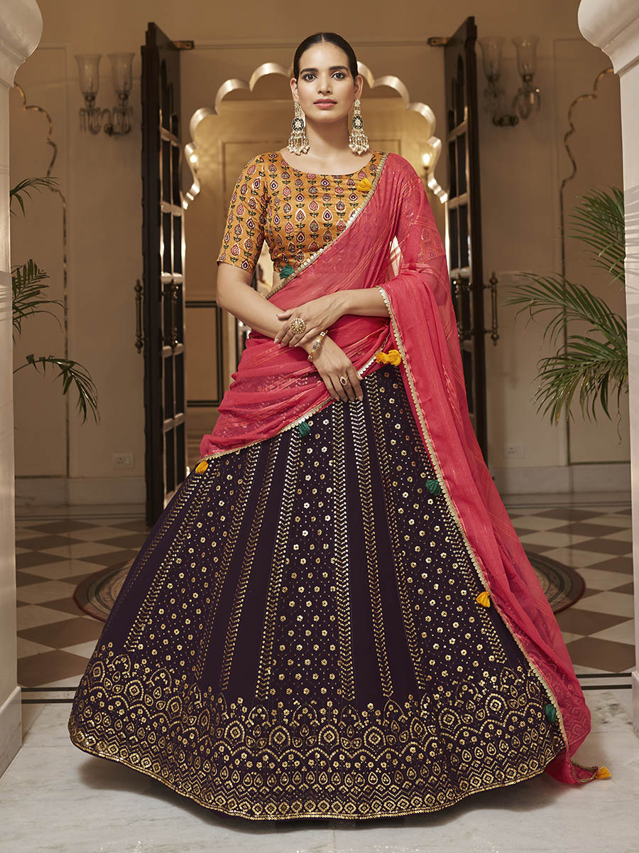 Myra Purple and Mustard Yellow Georgette Designer Lehenga Choli - Distacart